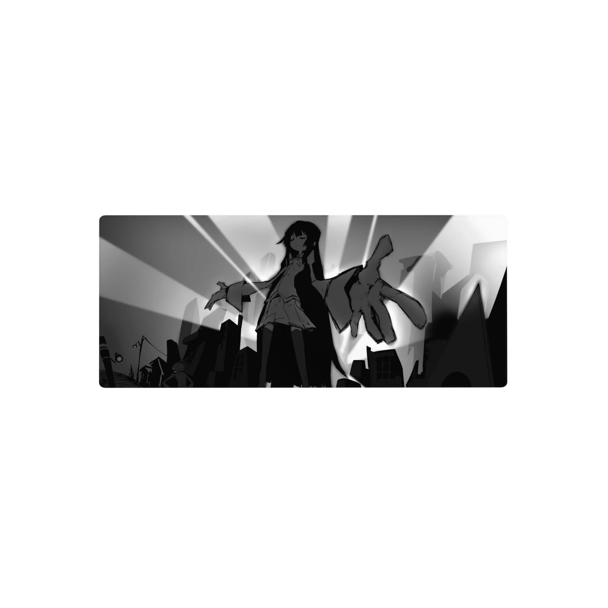 28x12 inches anime girl mouse pad with monochrome city skyline, sunburst rays, and bold silhouette art.