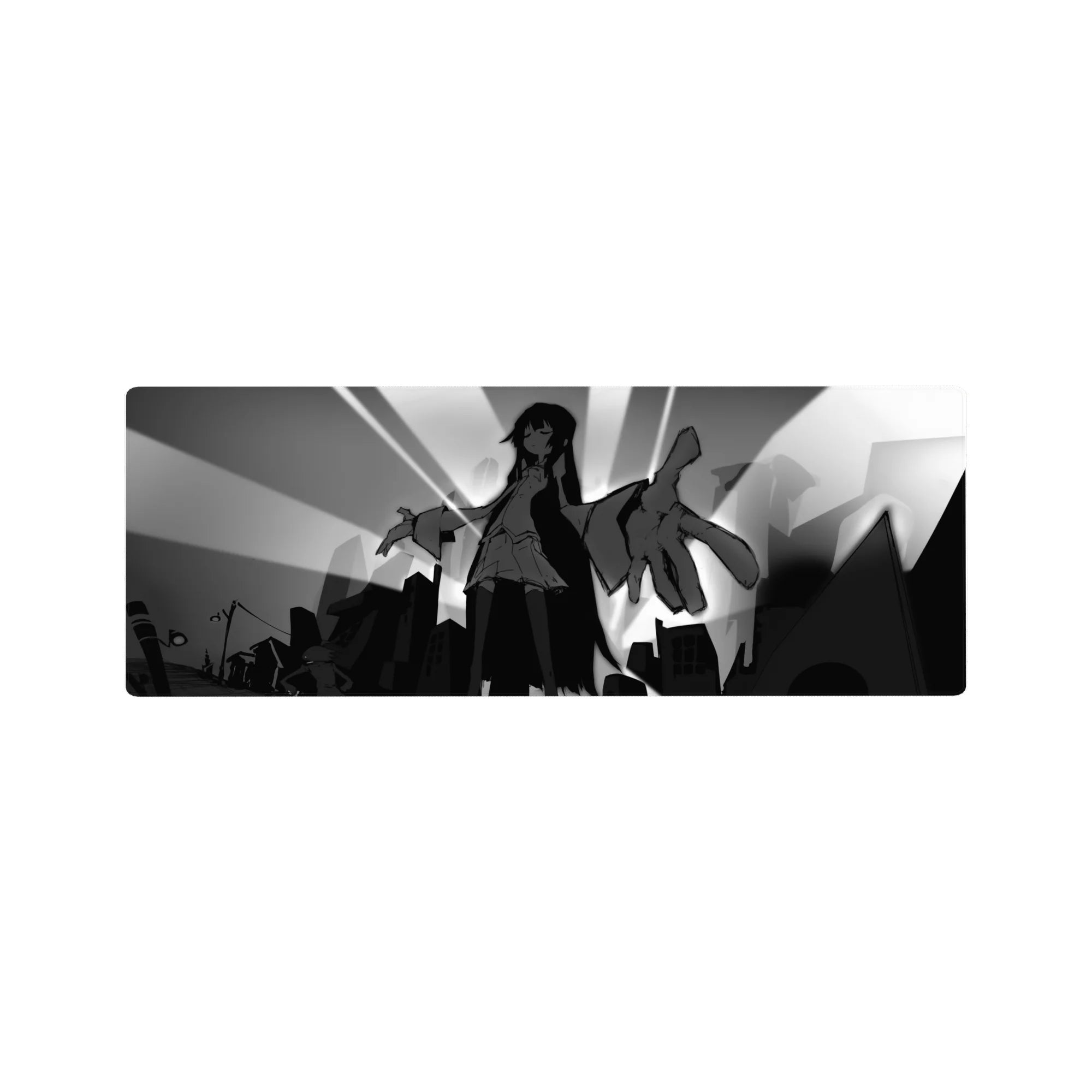 32x12 inches anime girl mouse pad with monochrome city skyline, sunburst rays, and oversized reaching hand.