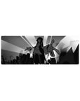 32x12 inches anime girl mouse pad with monochrome city skyline, sunburst rays, and oversized reaching hand.