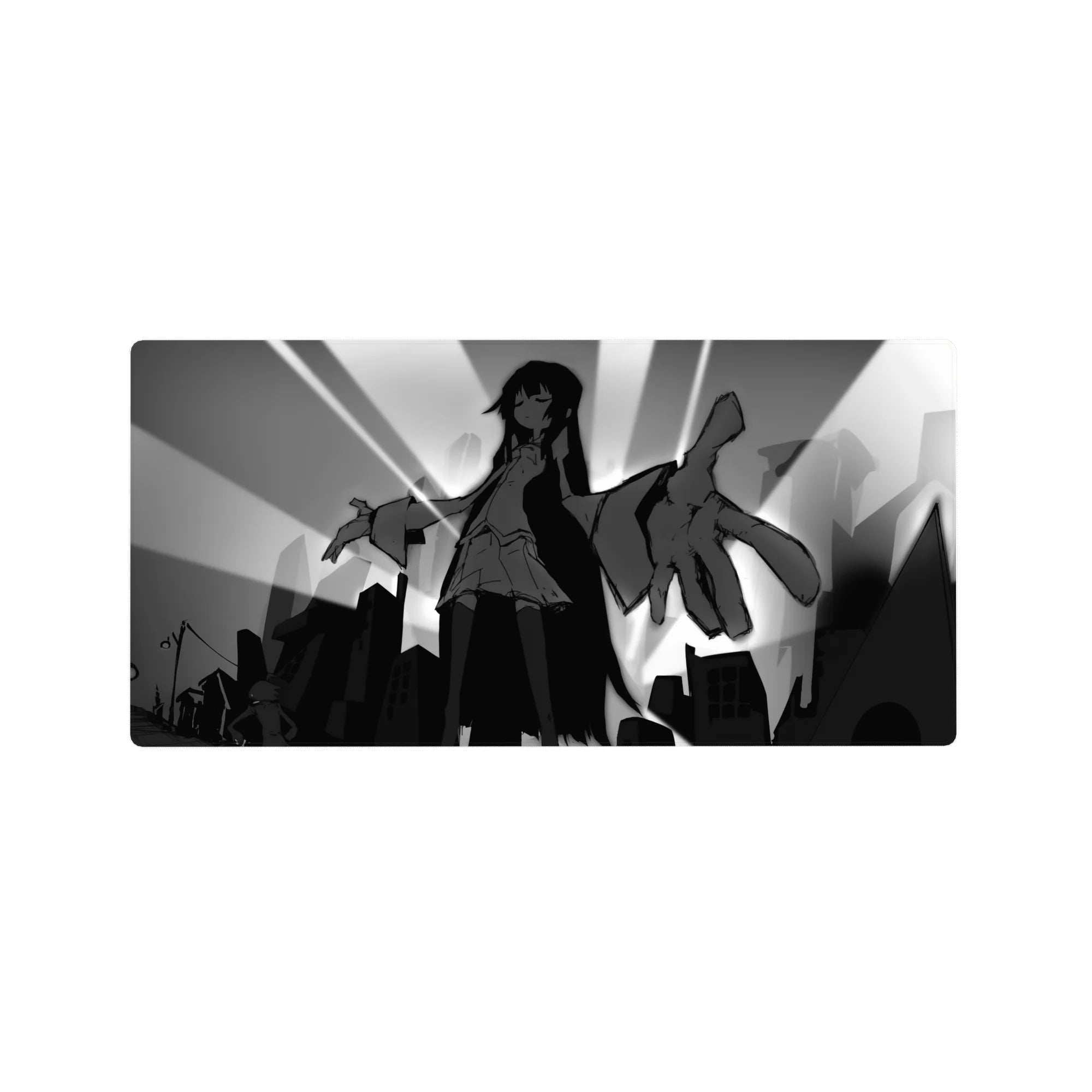 Anime girl mouse pad 32x16 inches with monochrome city skyline, sunburst rays, bold silhouette art.