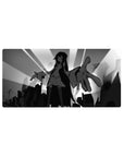 Anime girl mouse pad 32x16 inches with monochrome city skyline, sunburst rays, bold silhouette art.
