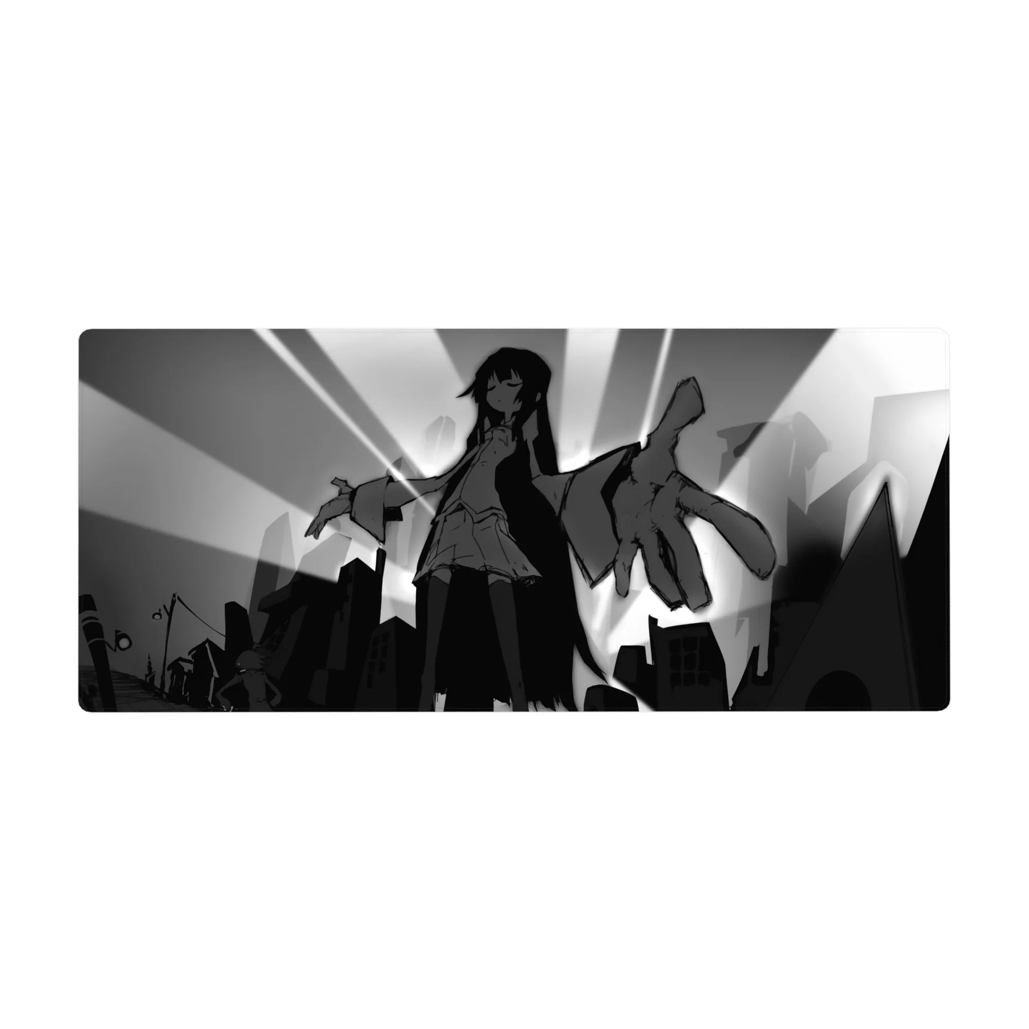 Anime girl desk pad 36x16 inches with monochrome city skyline, sunburst rays, bold silhouette art.