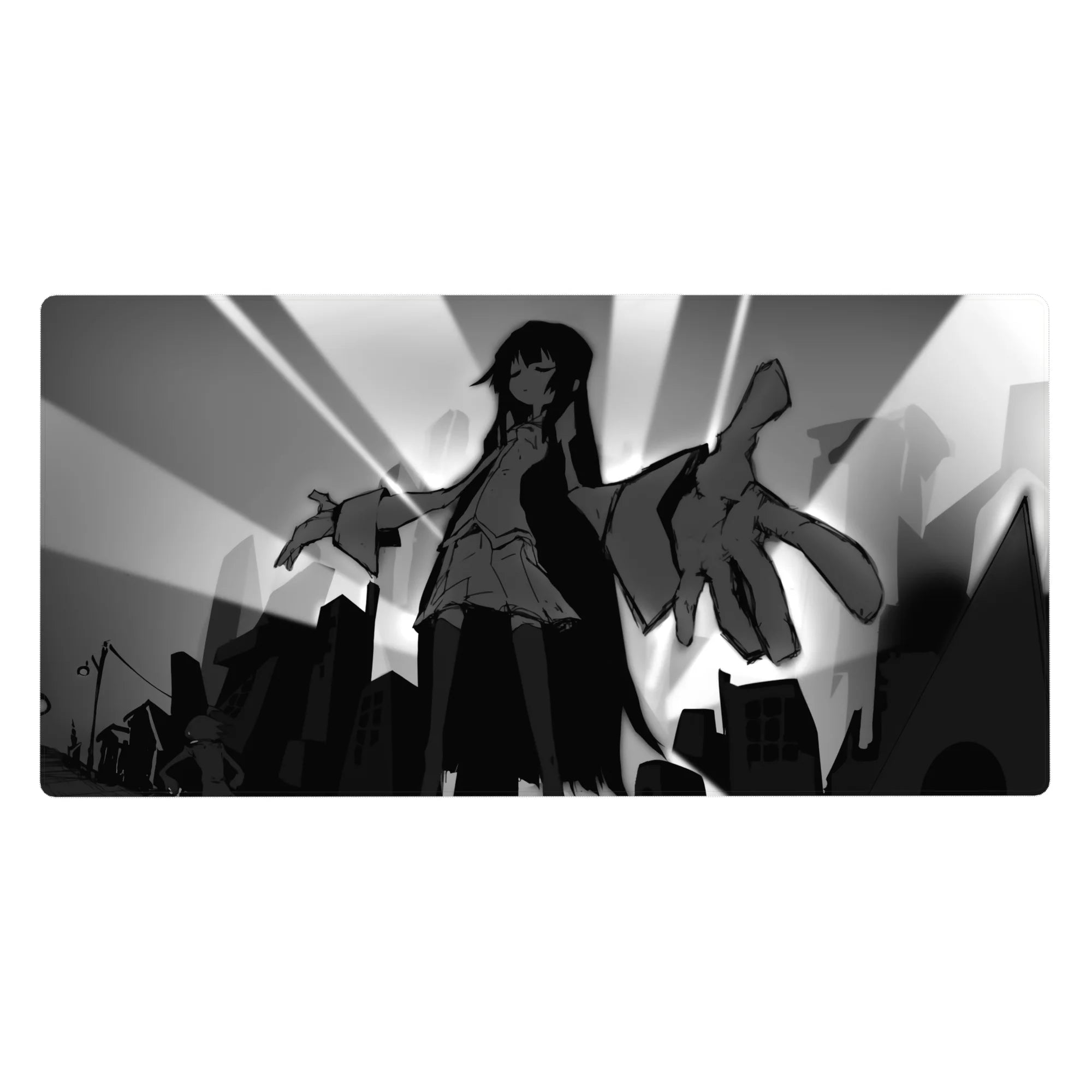 40x20 inches anime girl desk pad with monochrome cityscape, sunburst rays, and oversized playful hand.