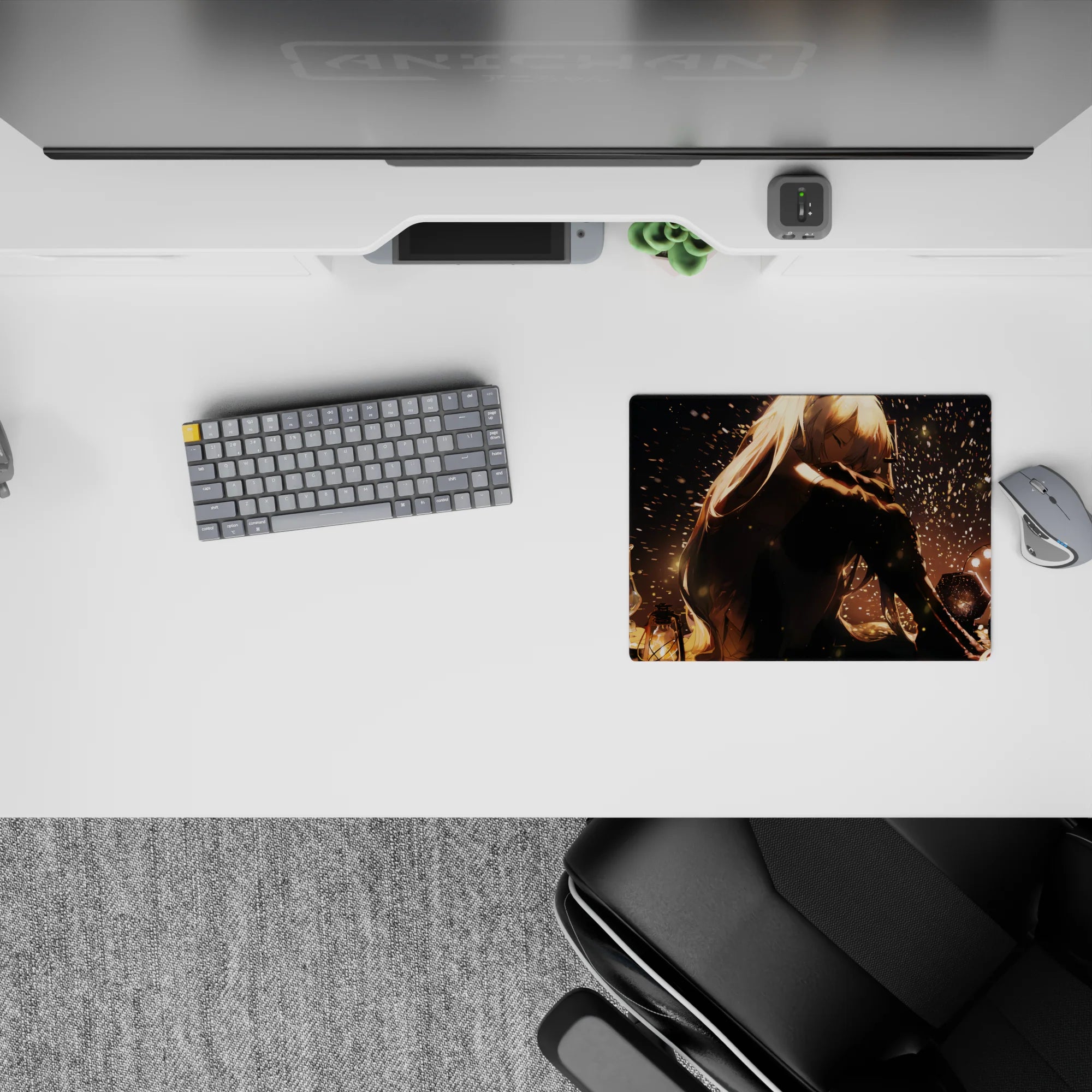 Anime girl mouse pad 14x10 inches in warm golden lamplight, deep shadows, soft lonely nighttime vibe.