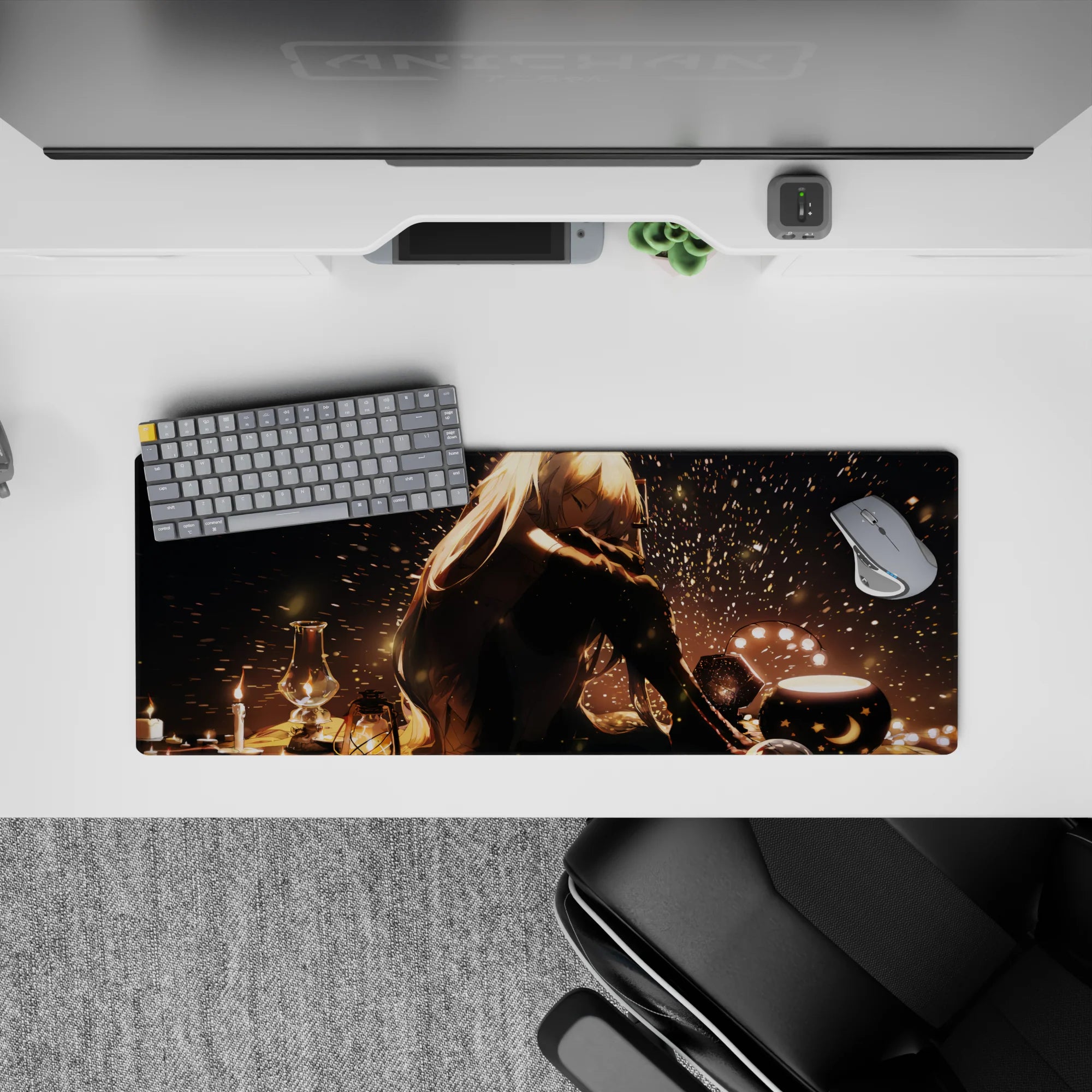 Cozy moody anime girl mouse pad 32x12 inches in golden sparks, deep shadows, and night comfort tones.