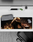 Cozy moody anime girl mouse pad 32x12 inches in golden sparks, deep shadows, and night comfort tones.