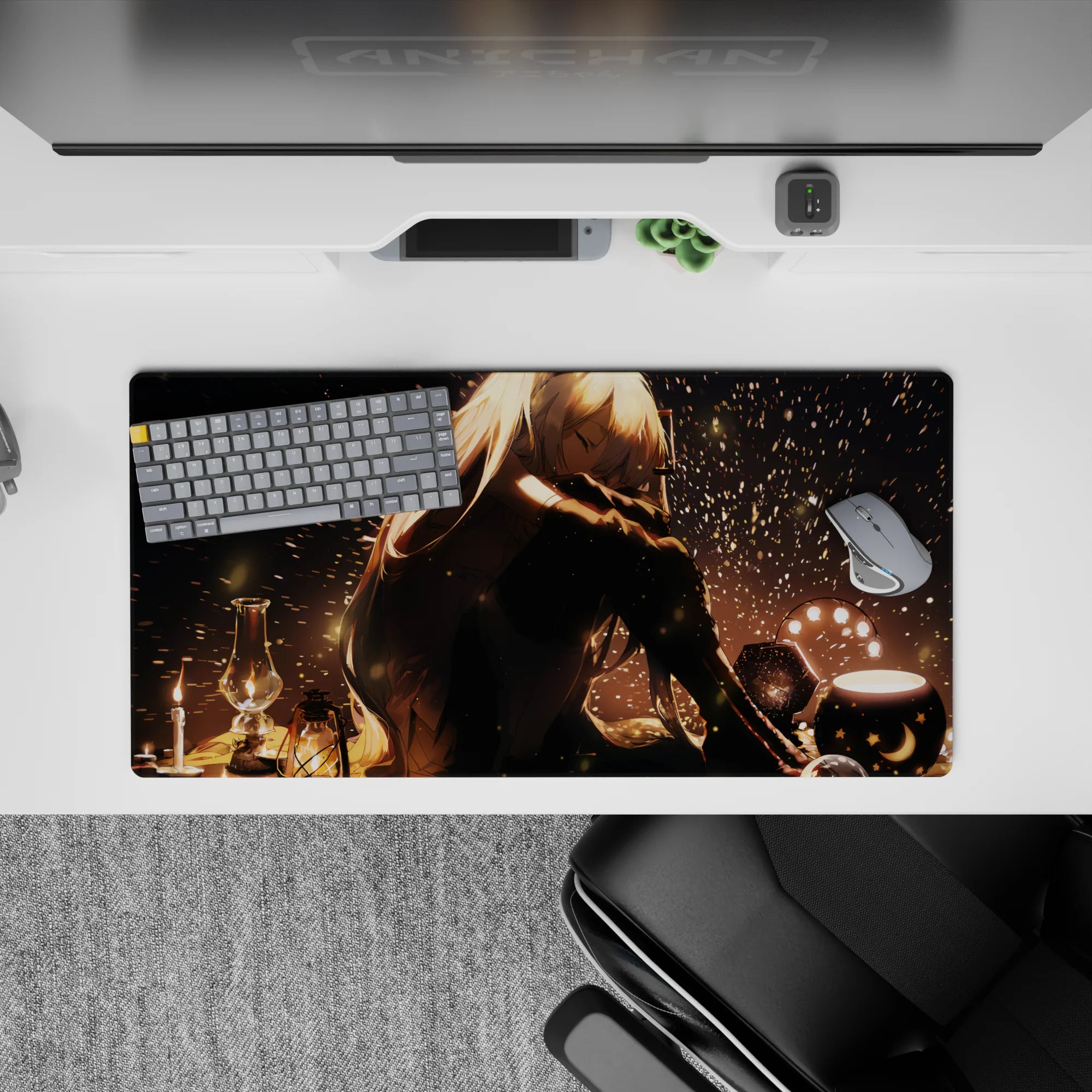 32x16 inches anime desk mouse pad in cozy golden glow, deep shadows, and dreamy firefly-like sparkles.