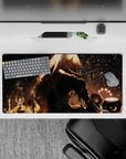 32x16 inches anime desk mouse pad in cozy golden glow, deep shadows, and dreamy firefly-like sparkles.