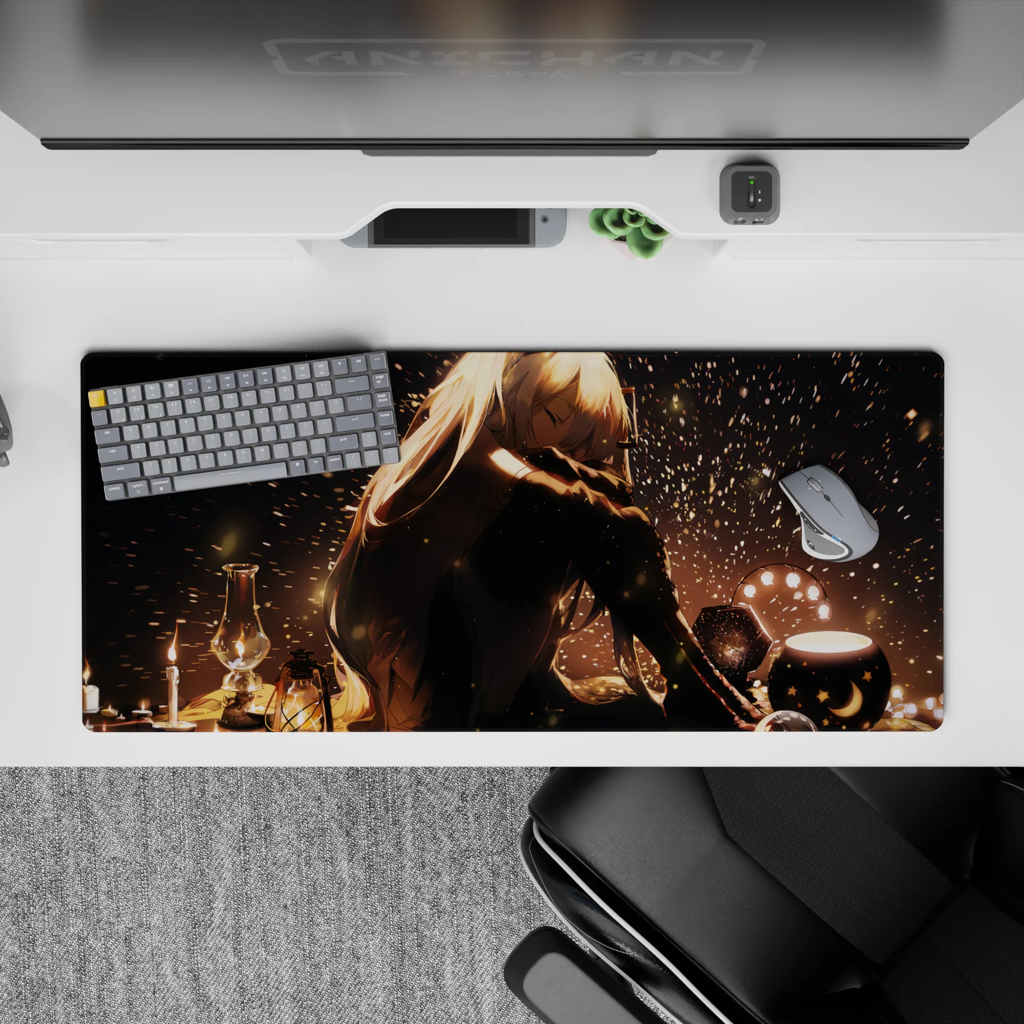 Cozy moody anime desk mat 36x16 inches in golden glow, deep shadows, and dreamy night-time comfort.