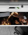 Cozy moody anime desk mat 36x16 inches in golden glow, deep shadows, and dreamy night-time comfort.