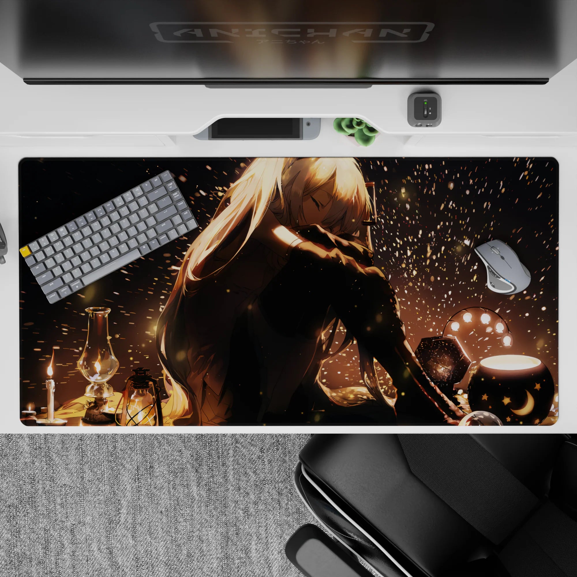 Moody warm-gold anime desk pad 40x20 inches with deep shadows, soft glow, and firefly-like sparkles.