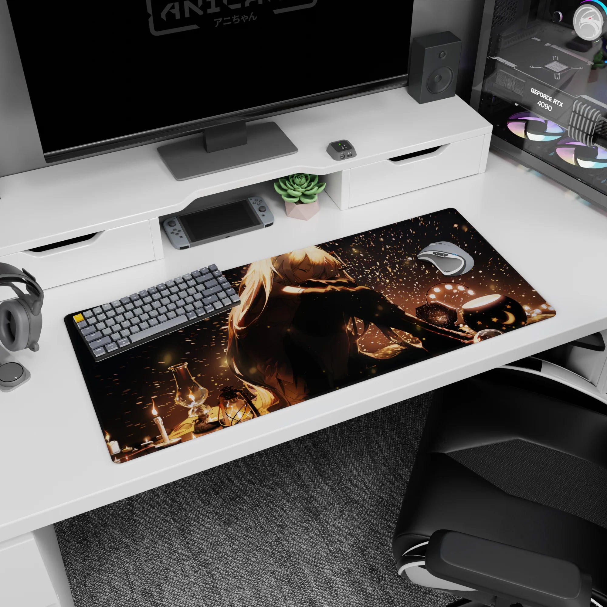 Long-haired anime girl curled up by a lamp with firefly-like sparkles on a 36x16 inches desk pad.