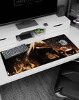 Long-haired anime girl curled up by a lamp with firefly-like sparkles on a 36x16 inches desk pad.