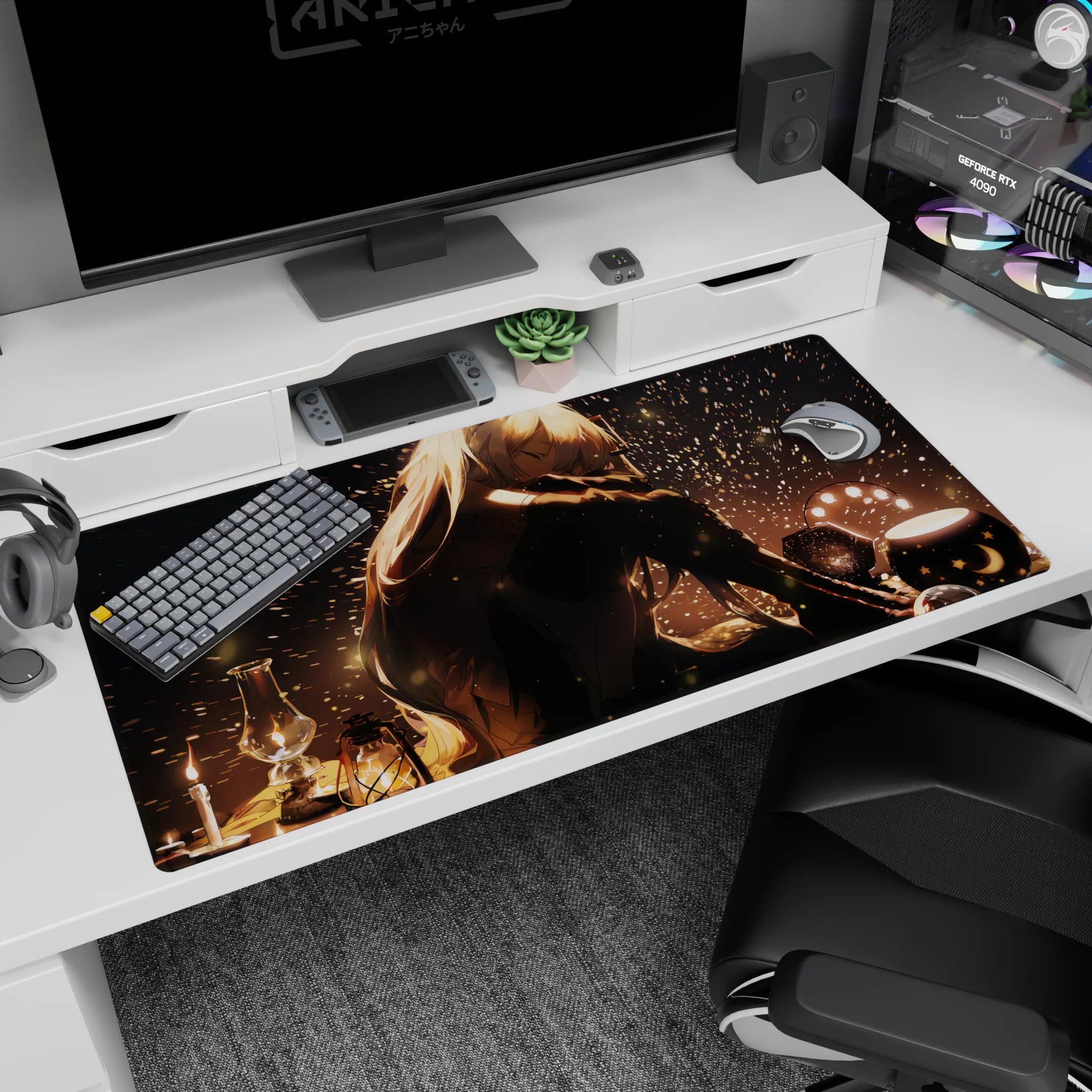 Long-haired anime girl curled under a lamp with drifting golden sparks on a 40x20 inches desk pad.