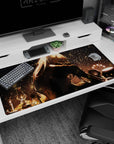 Long-haired anime girl curled under a lamp with drifting golden sparks on a 40x20 inches desk pad.