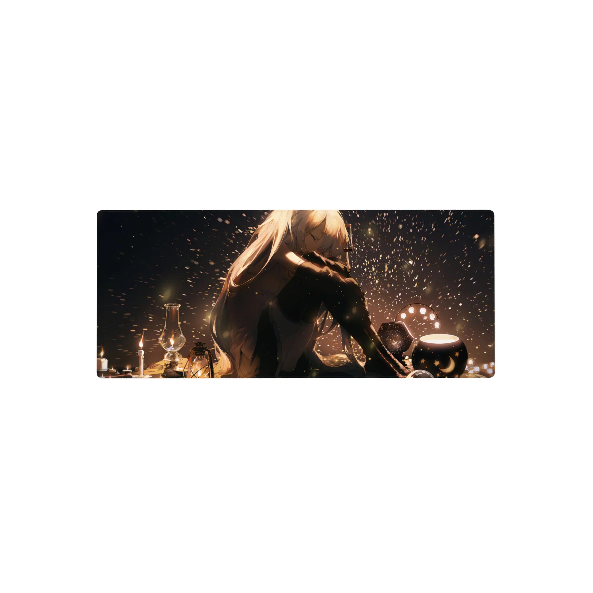 28x12 inches anime girl mouse pad with cozy night lamplight, star and moon lanterns, and glittering dust.