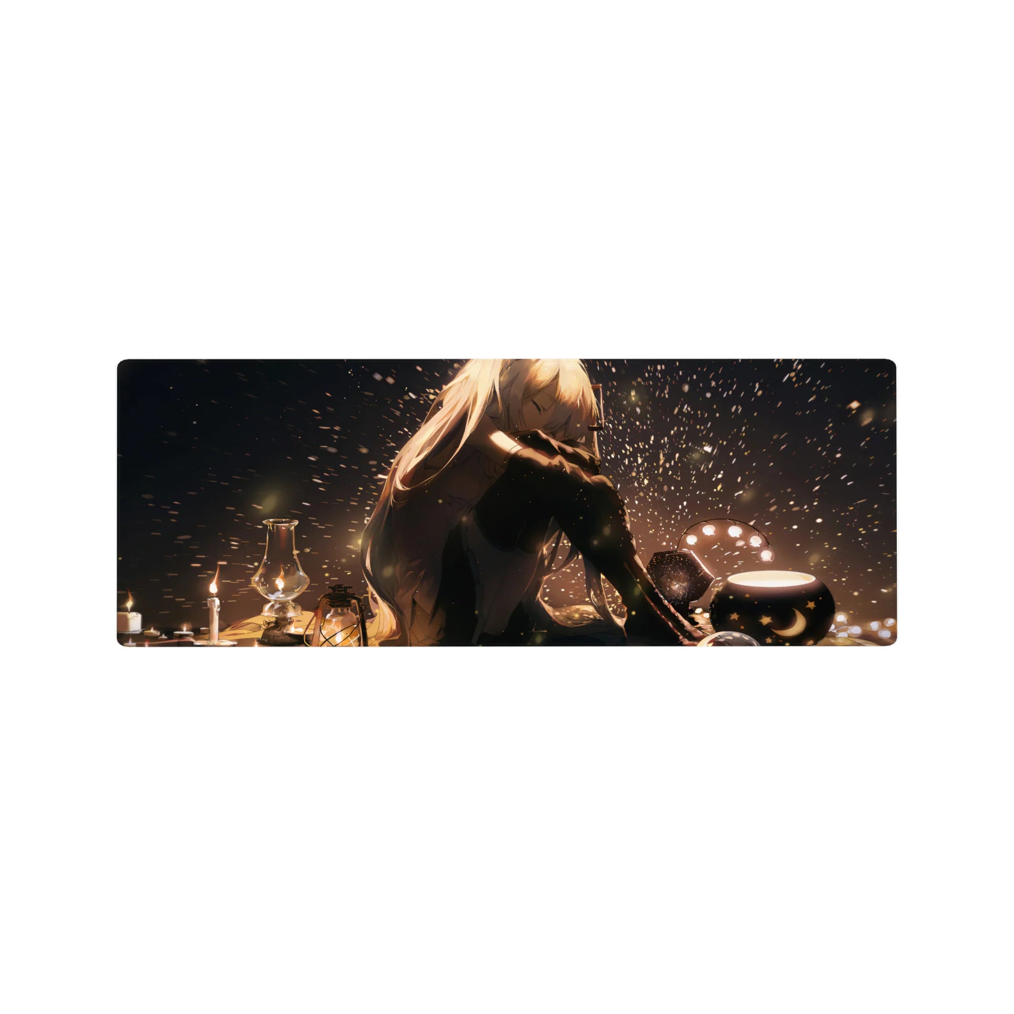 Anime girl mouse pad 32x12 inches with warm lamplight, star and moon lanterns, and glittering dust.