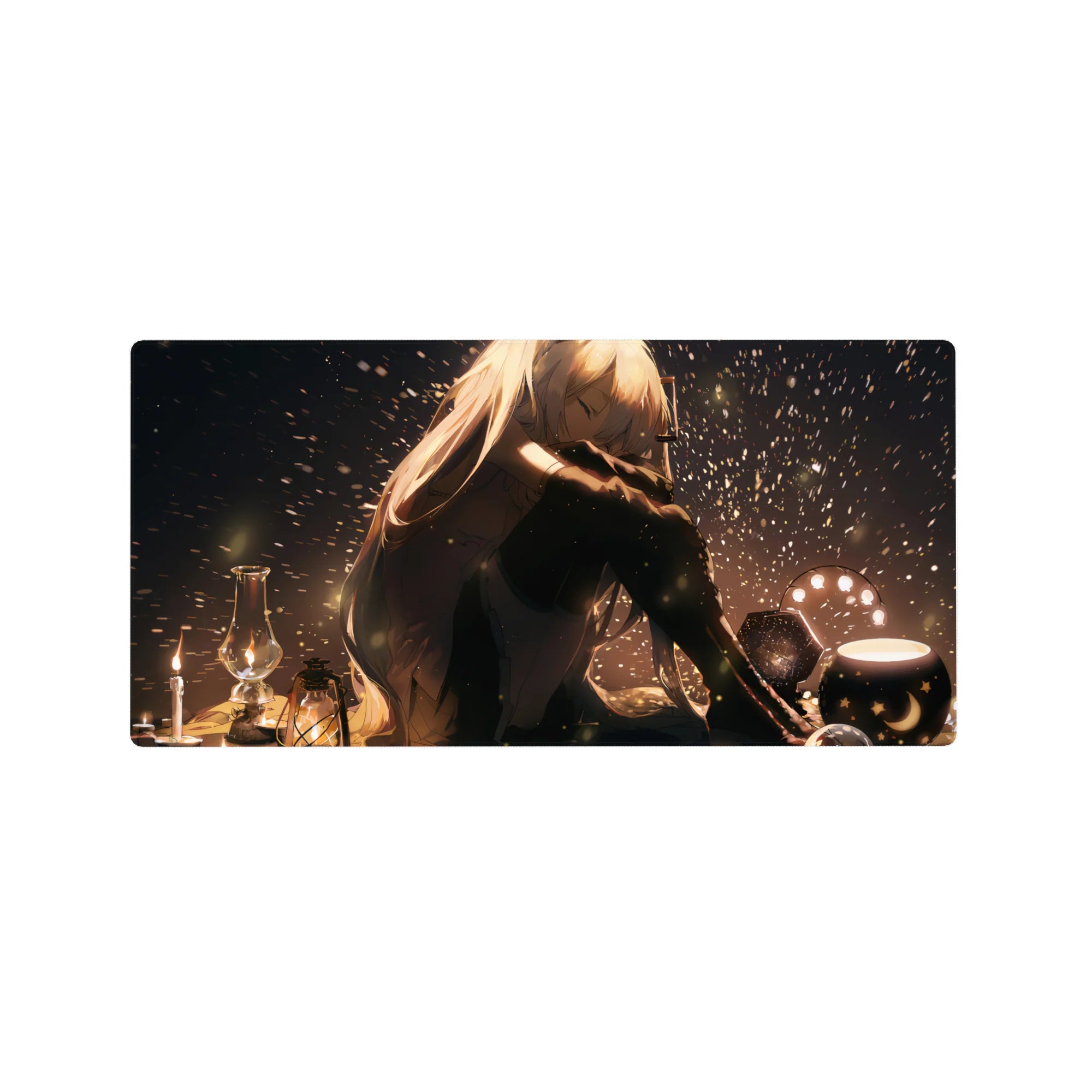 32x16 inches anime girl mouse pad with warm lamplight, star-and-moon lanterns, and glittering dust accents.