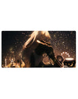 32x16 inches anime girl mouse pad with warm lamplight, star-and-moon lanterns, and glittering dust accents.