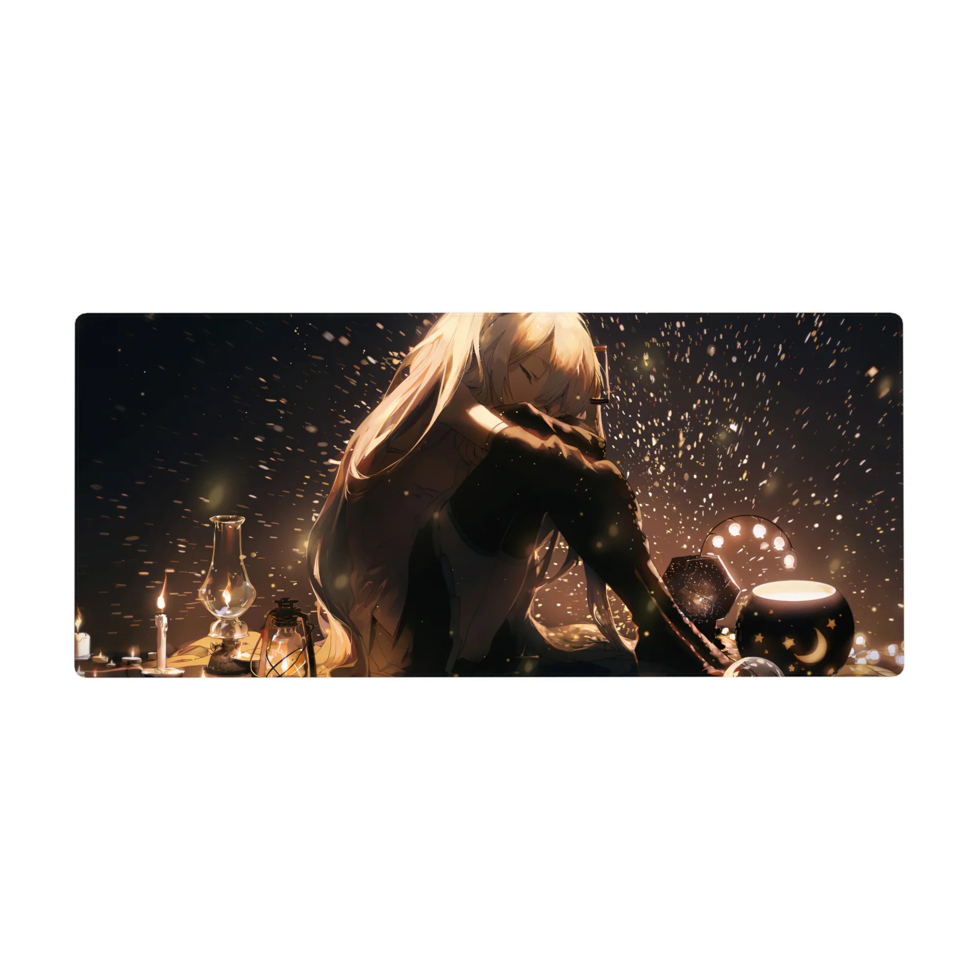 Anime girl desk pad 36x16 inches with warm lamplight, glittering dust, and star-moon lantern accents.