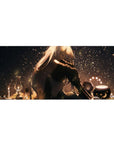 Anime girl desk pad 36x16 inches with warm lamplight, glittering dust, and star-moon lantern accents.