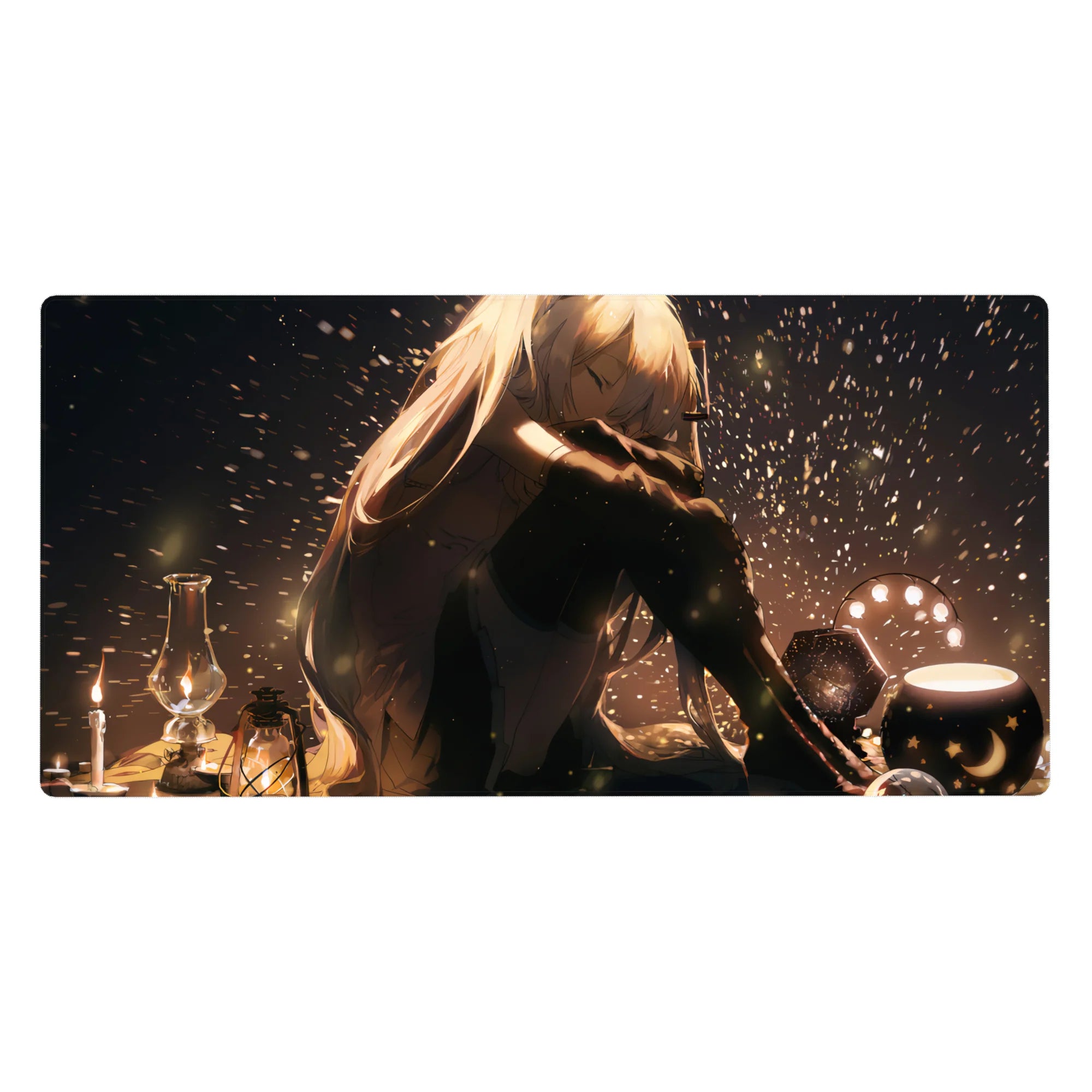Anime girl desk pad 40x20 inches with cozy lamplight, glittering dust, and star-moon lantern accents.