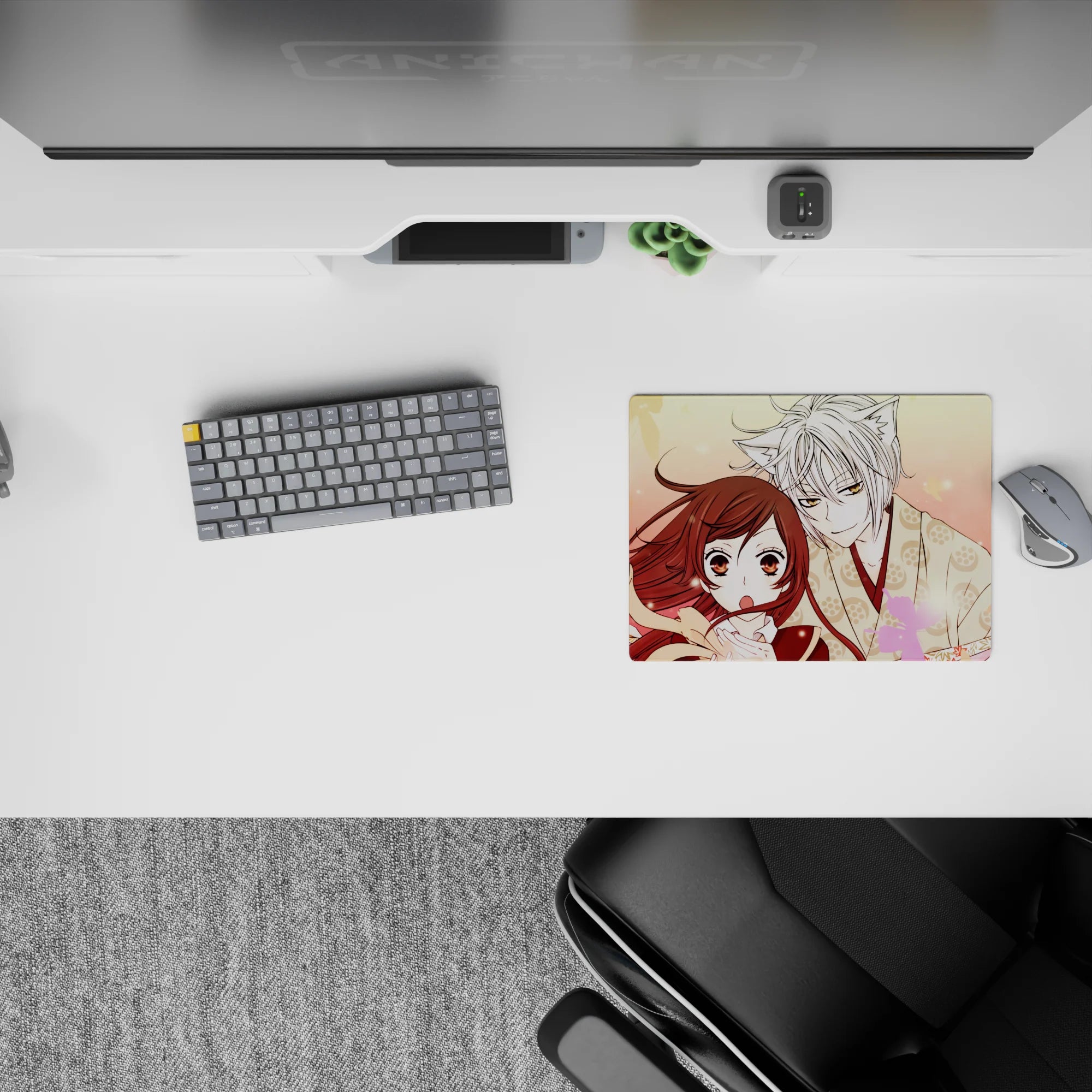 14x10 inches classic anime mouse pad in warm peach and blush pink, dreamy romance mood with drifting sakura.