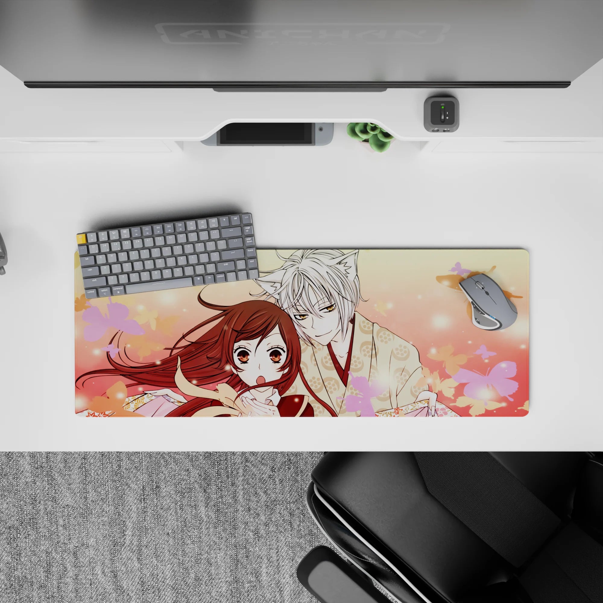 32x12 inches peach-pink anime mouse pad, soft blush gradients and romantic calm with floating petals.