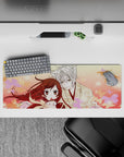 32x12 inches peach-pink anime mouse pad, soft blush gradients and romantic calm with floating petals.
