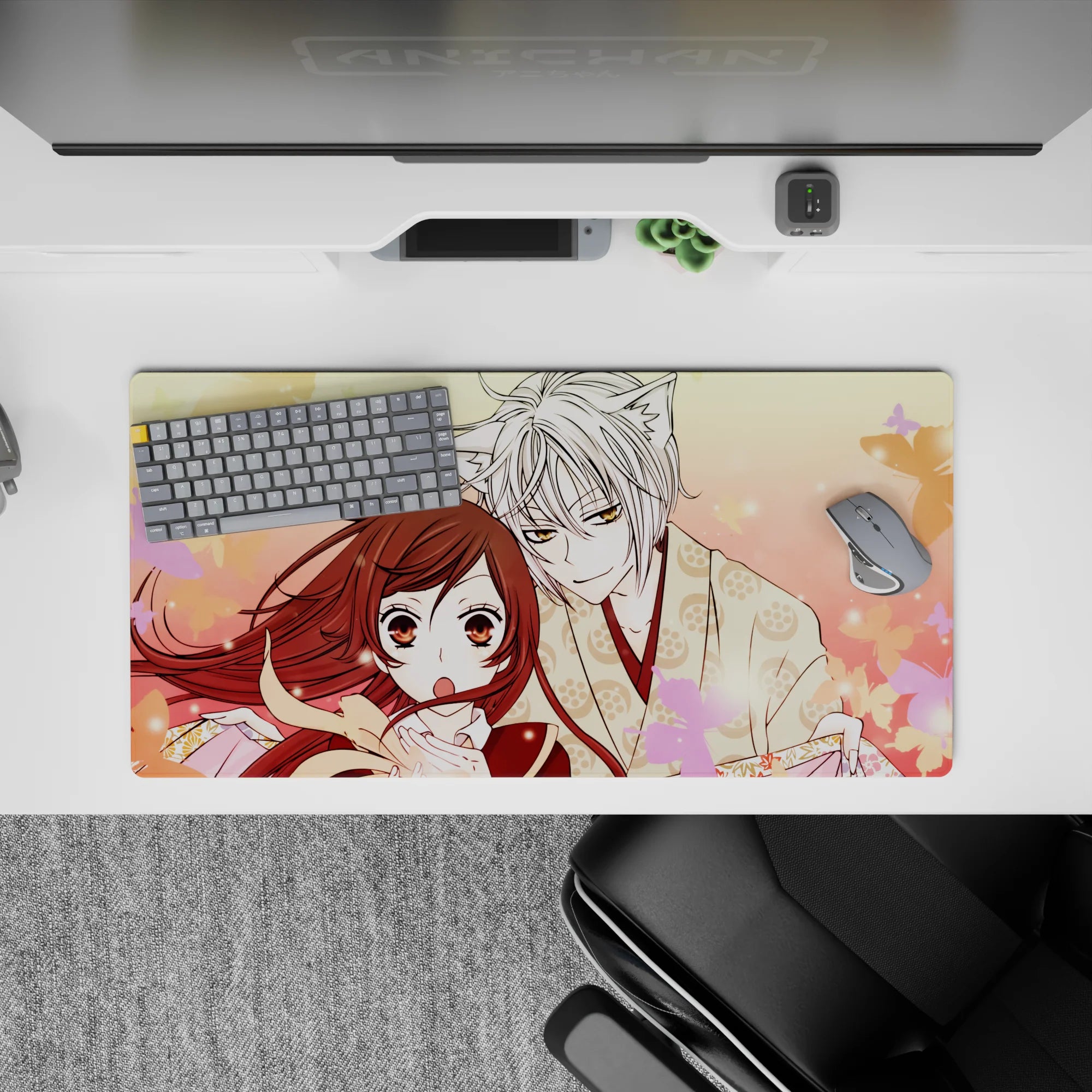 32x16 inches anime mouse pad in warm peach and blush pink, calming romantic vibe with drifting sakura.