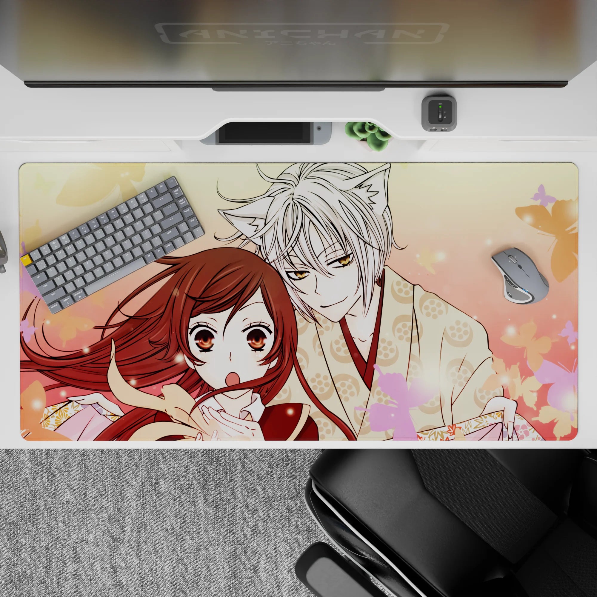 Warm peach and blush pink anime desk pad 40x20 inches with calming romance, soft lines and drifting sakura.