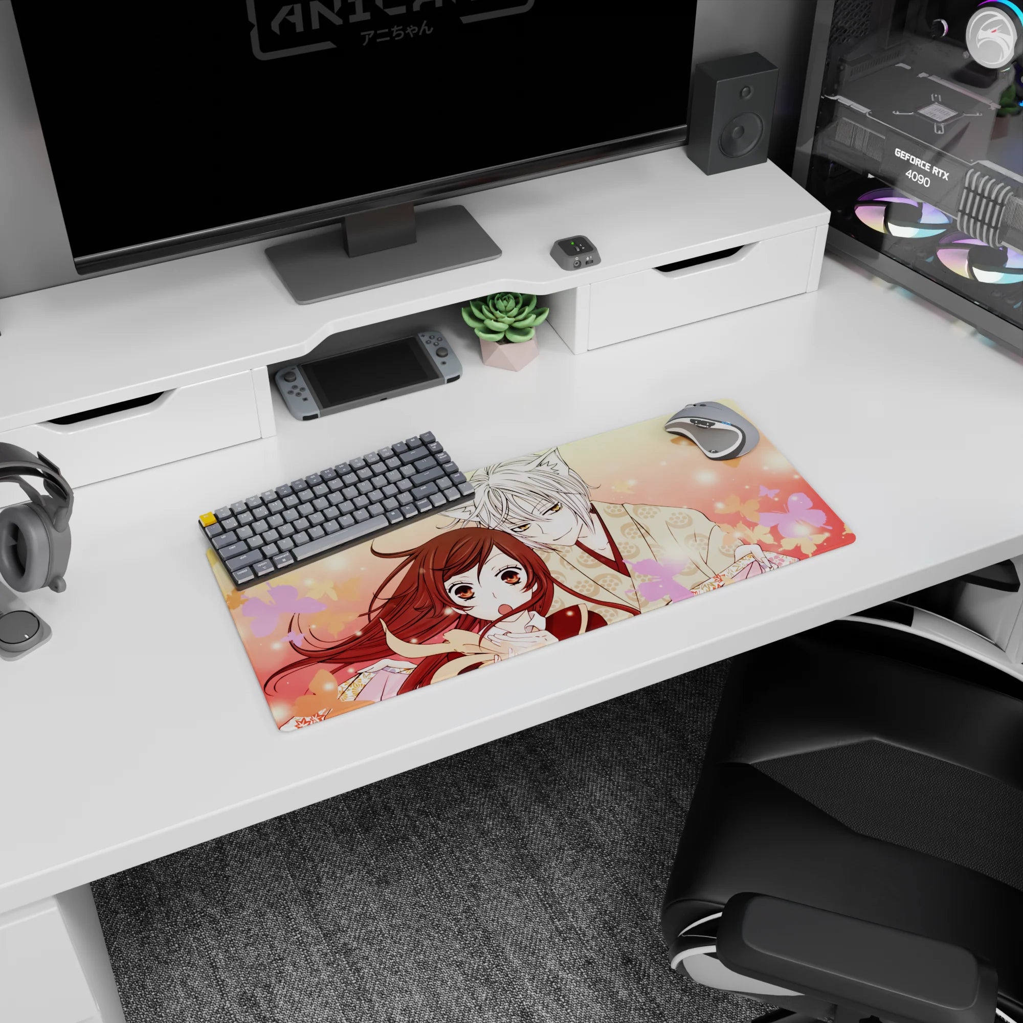 28x12 inches anime mouse pad showing fox-eared boy leaning close to amber-eyed girl, scarf fluttering.