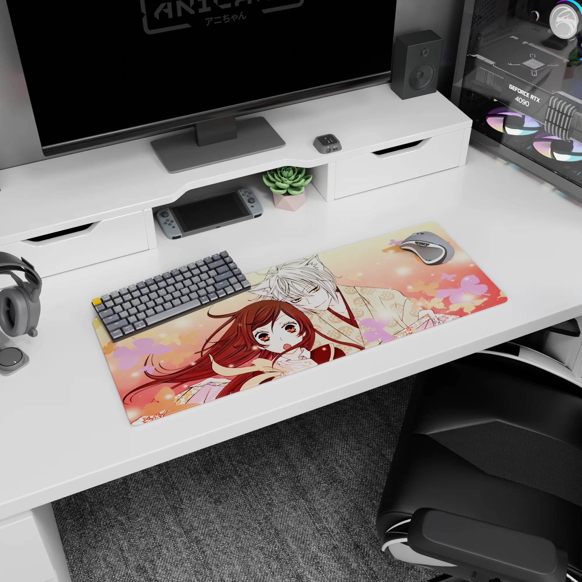 32x12 inches anime mouse pad showing fox boy in paw-print kimono leaning close to scarfed girl.
