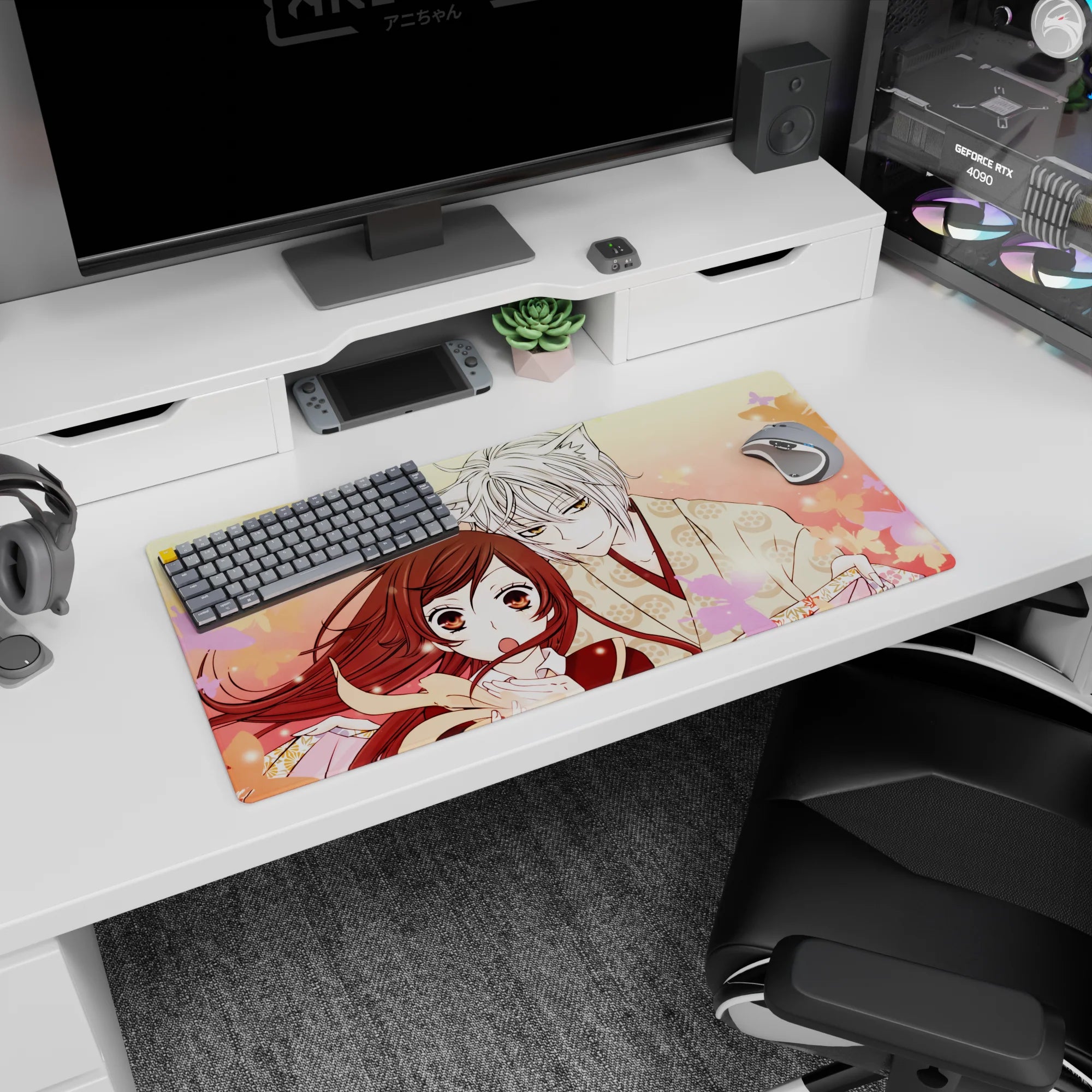 32x16 inches anime mouse pad showing silver-haired fox boy leaning close to amber-eyed girl, teasing gaze.