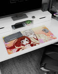 32x16 inches anime mouse pad showing silver-haired fox boy leaning close to amber-eyed girl, teasing gaze.