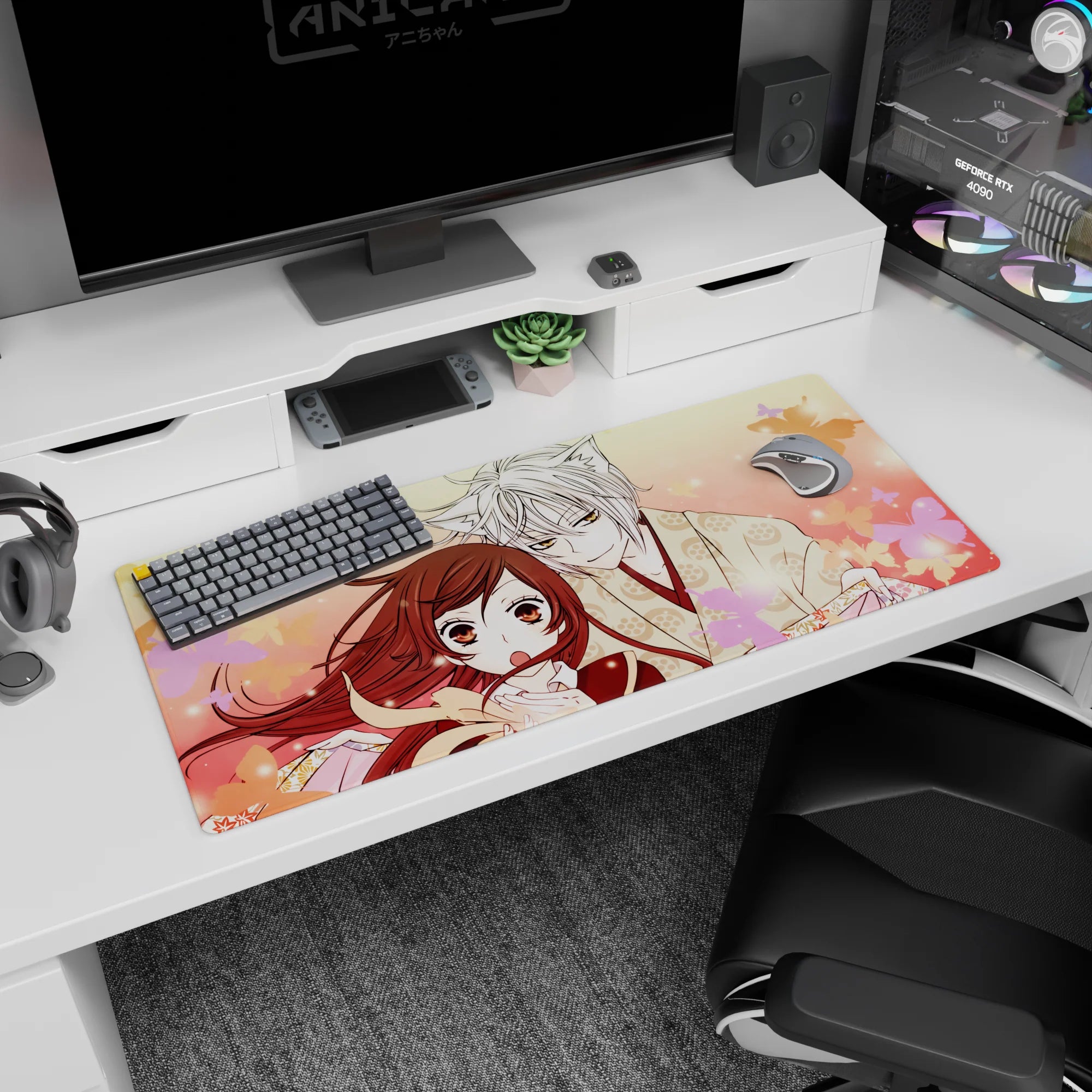 Silver-haired fox boy leans close to amber-eyed girl on anime desk pad 36x16 inches, scarf and petals.