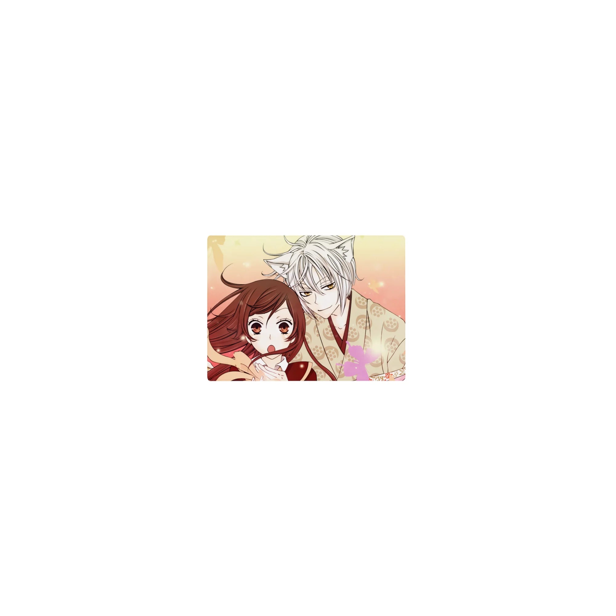 14x10 inches classic anime mouse pad with fox boy and girl, sakura petals, soft linework, paw kimono.