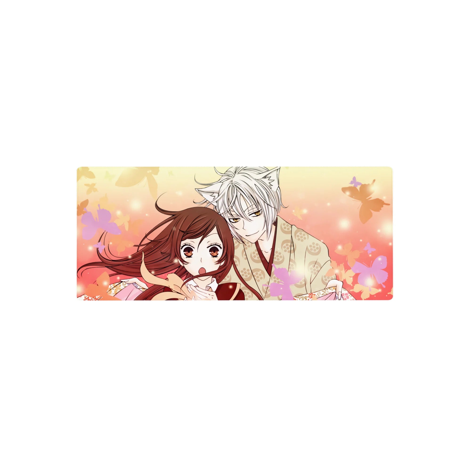 28x12 inches anime mouse pad with silver-haired fox boy and girl in kimono, sakura petals, peach glow.