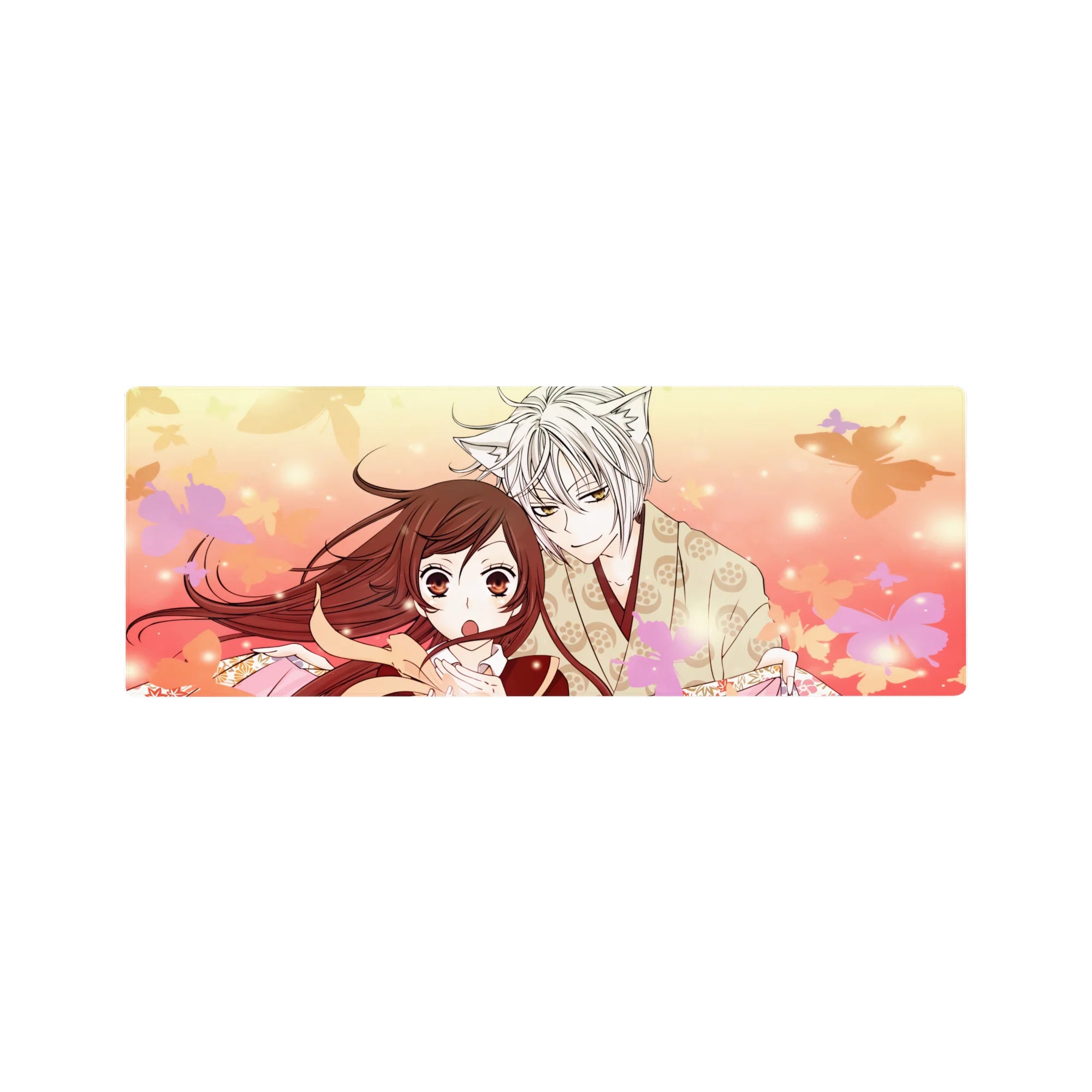 32x12 inches anime mouse pad with silver-haired fox boy and amber-eyed girl under drifting sakura petals.