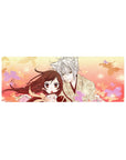 32x12 inches anime mouse pad with silver-haired fox boy and amber-eyed girl under drifting sakura petals.