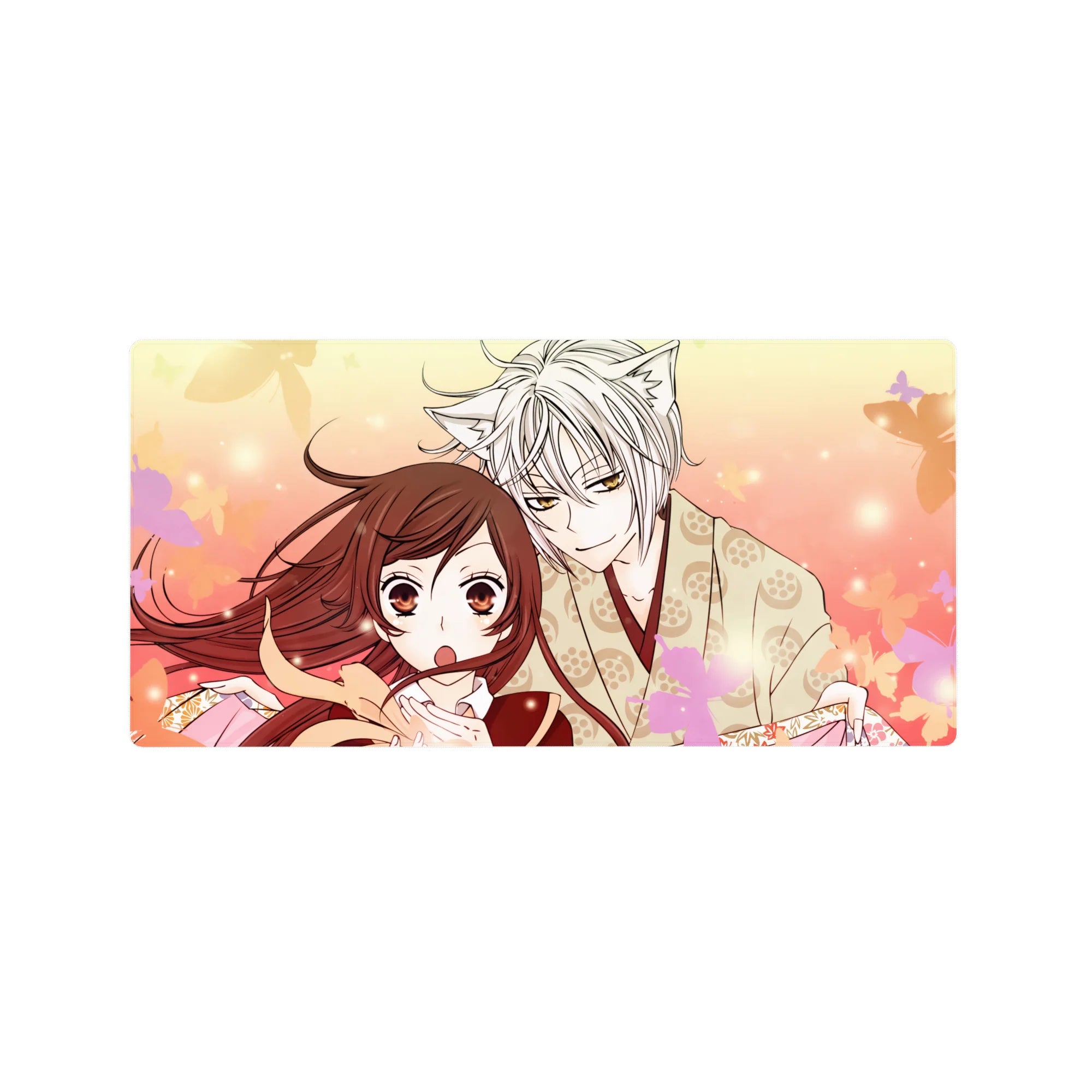 32x16 inches anime mouse pad with fox boy in cream kimono, amber-eyed girl, sakura petals design.