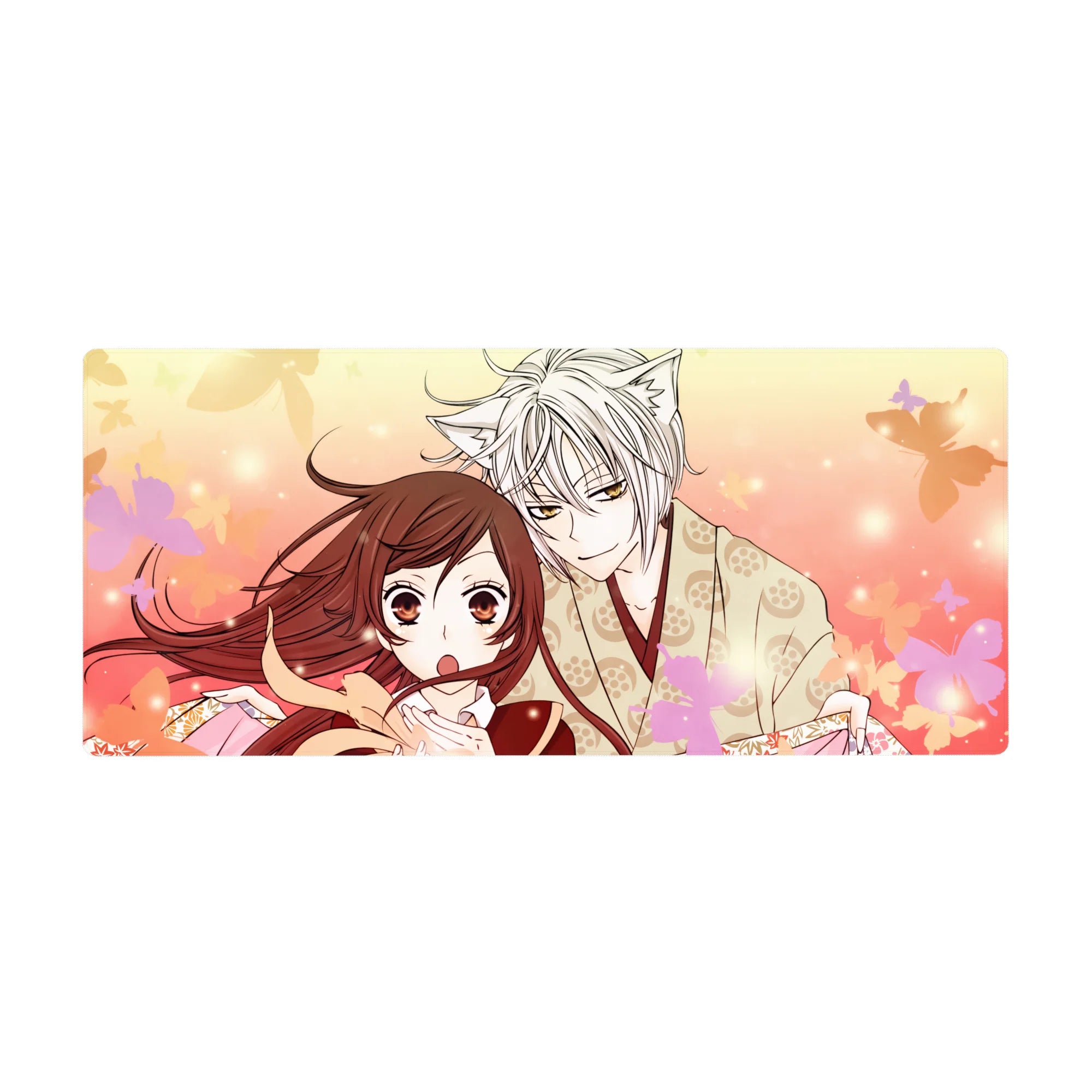 Anime desk pad 36x16 inches with sakura petals, fox boy in kimono, and amber-eyed girl illustration.