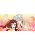 Anime desk pad 36x16 inches with sakura petals, fox boy in kimono, and amber-eyed girl illustration.