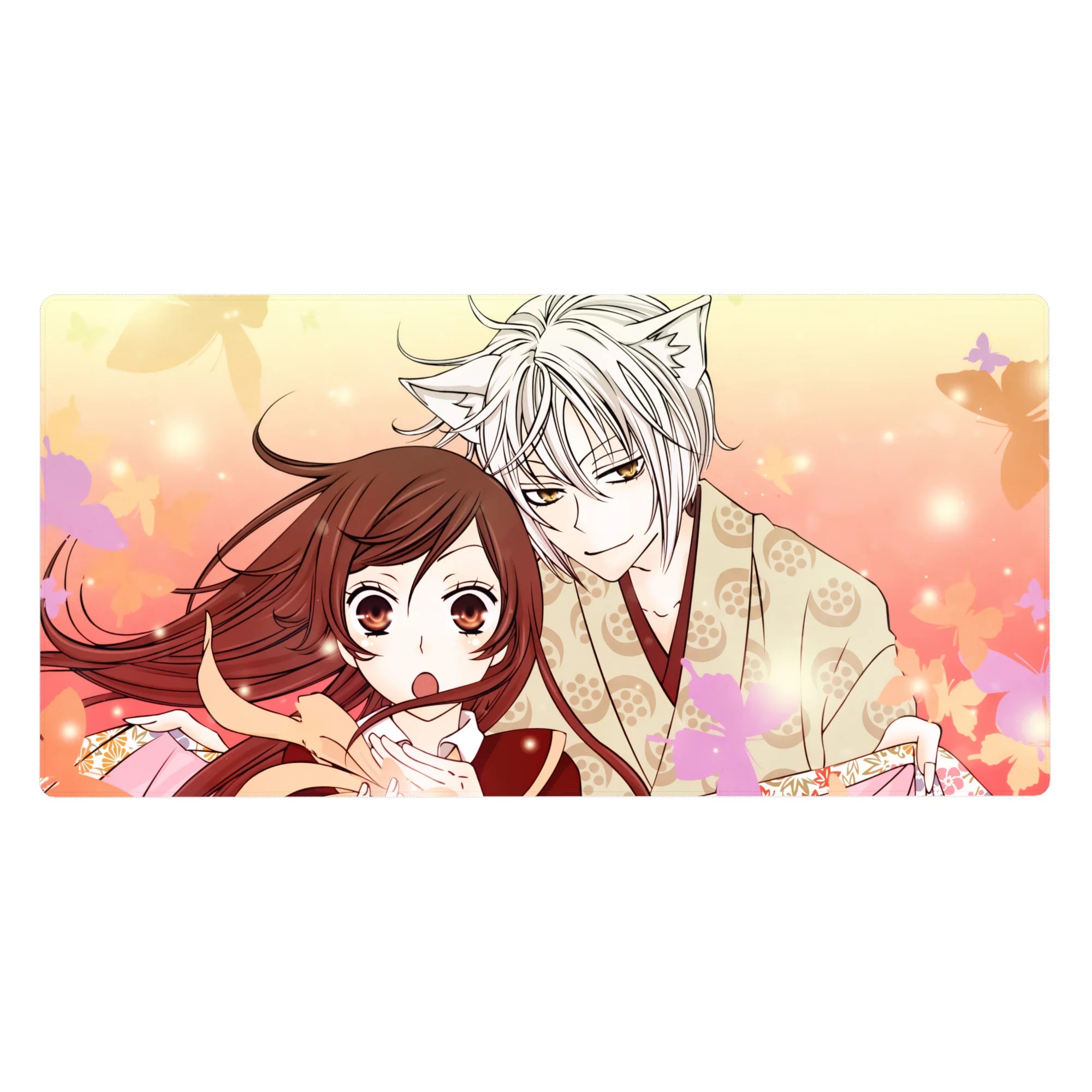 Anime desk pad 40x20 inches with silver-haired fox boy and amber-eyed girl, sakura petals and kimono art.