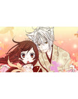 Anime desk pad 40x20 inches with silver-haired fox boy and amber-eyed girl, sakura petals and kimono art.