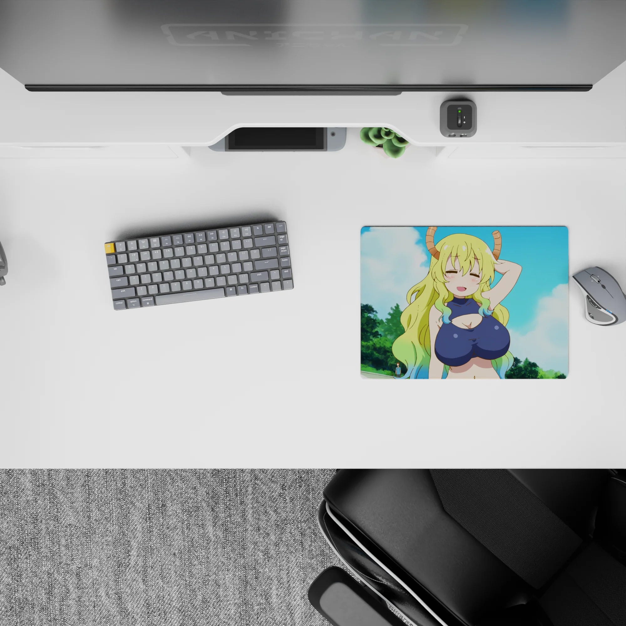 Cute anime desk mouse pad 14x10 inches in soft sky blues, fluffy clouds, bright playful outdoor vibe.
