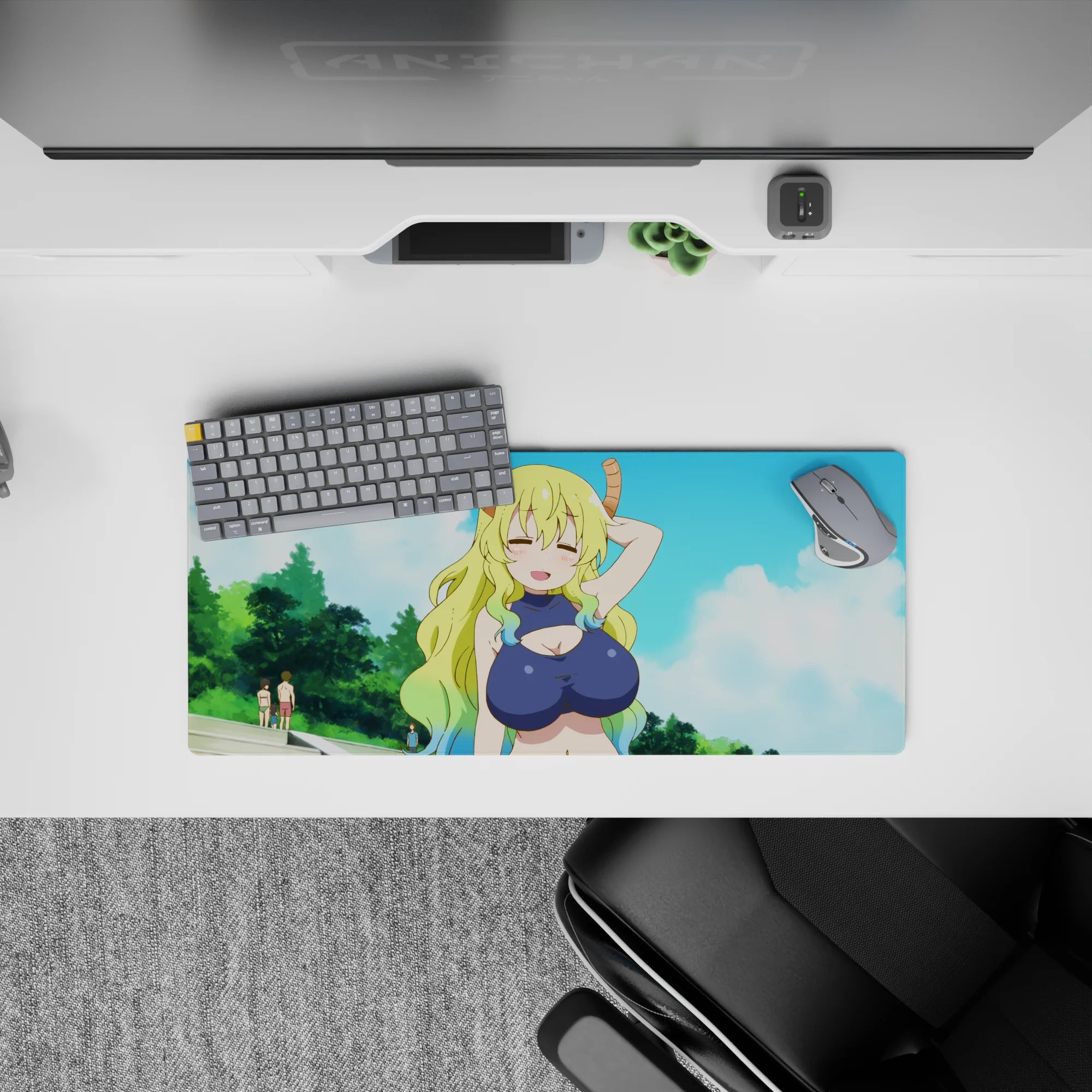 28x12 inches mouse pad in soft sky blues with bright outdoor vibe and mint-green hair tips, smooth glide.
