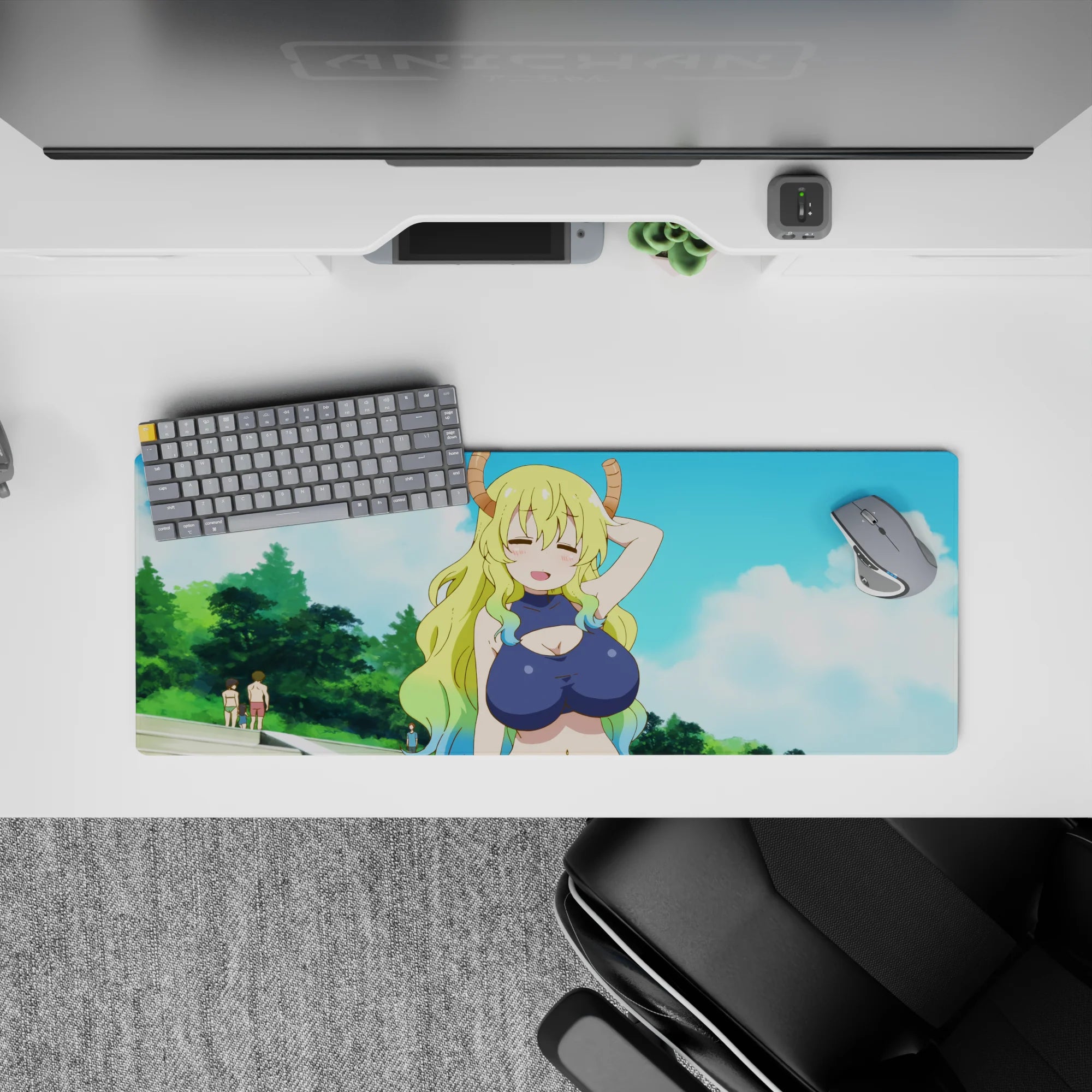 32x12 inches anime girl mouse pad in soft sky blues with fluffy clouds and mint-green hair tips, playful vibe.