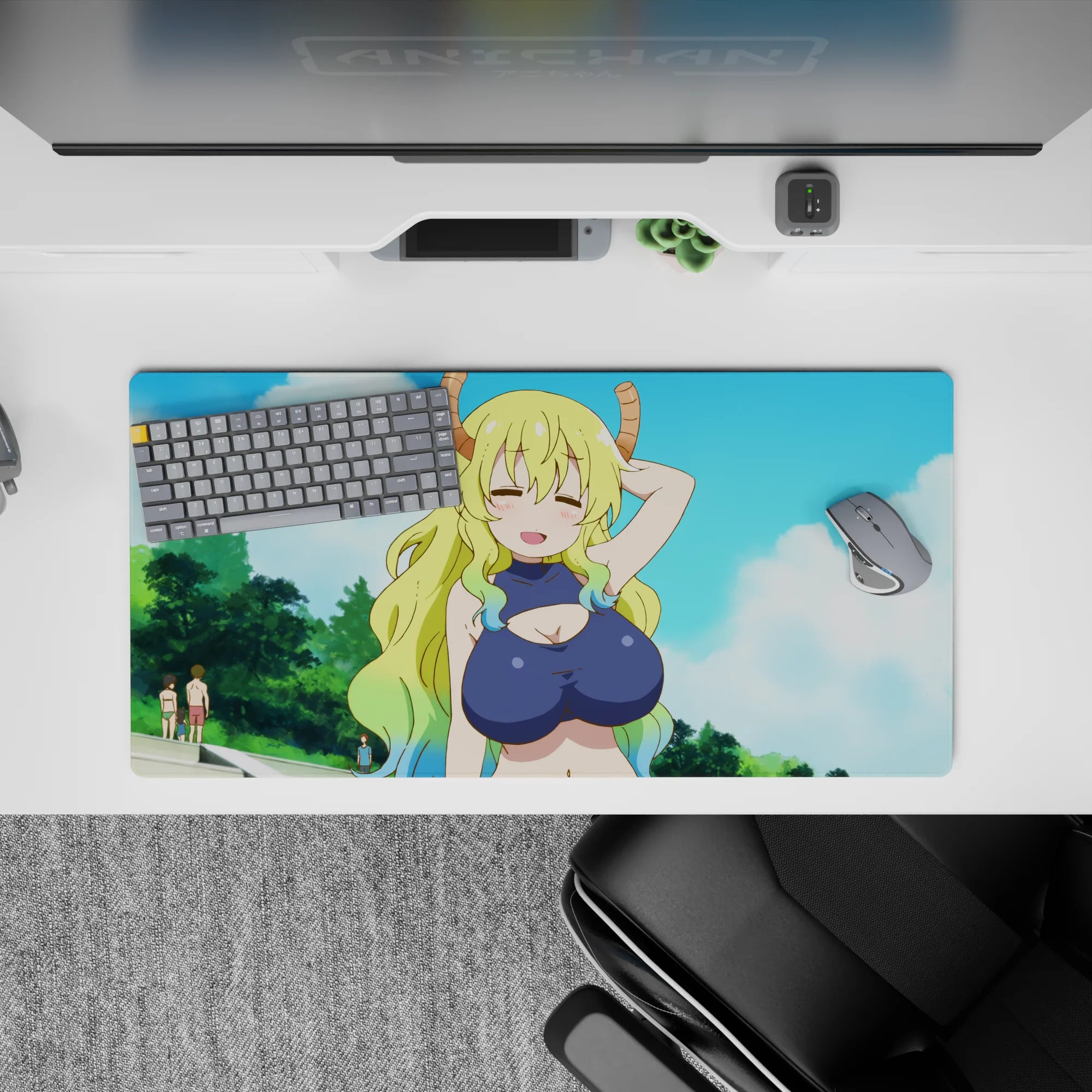 32x16 inches anime mouse pad in soft sky blues with fluffy clouds and mint-green hair tips, playful vibe.