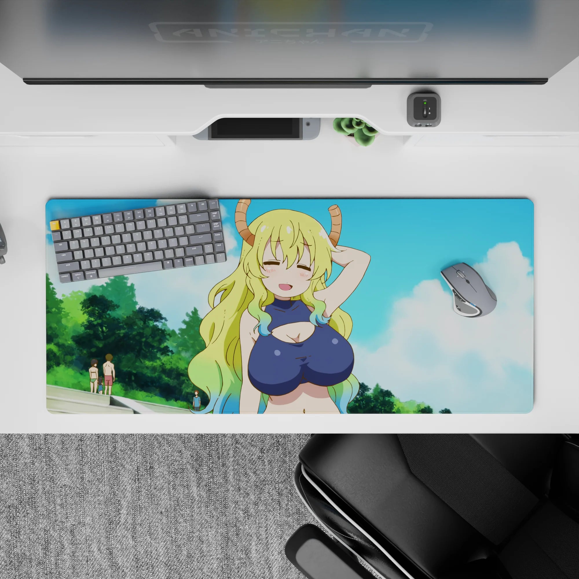 Pastel sky-blue anime desk pad 36x16 inches with fluffy clouds, sunny vibe, and mint-green hair accents.